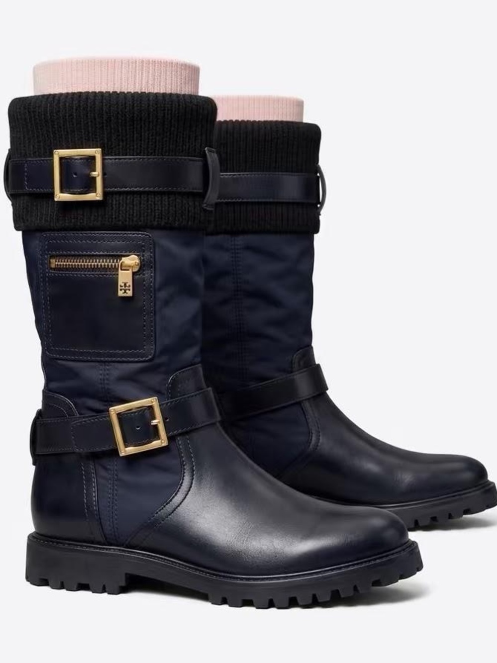 Tory Burch Navy Leather & Nylon Mid-Calf Lace-Up Boots with Pink Knit Cuff